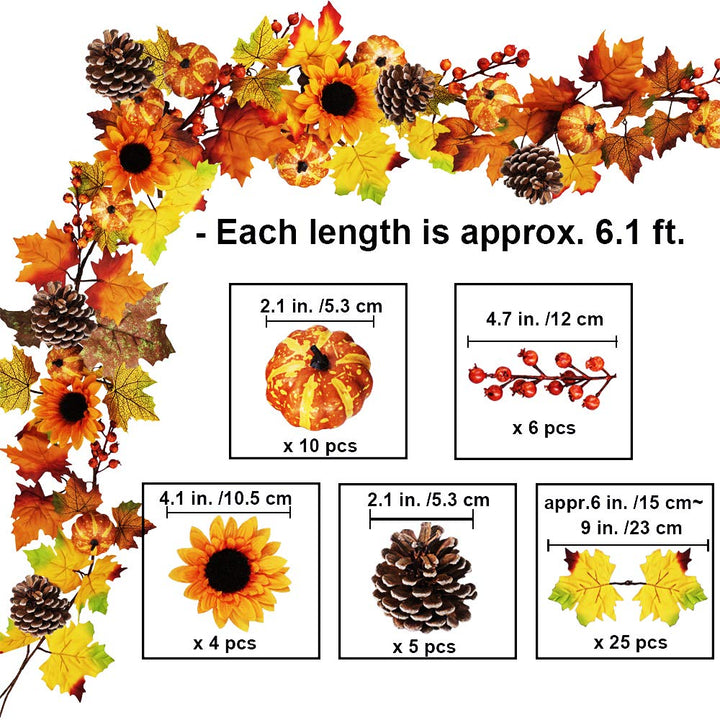 Fake Fall Maple Leaf Garland Hanging Vine- 6 Feet - Artificial Berries Sunflower Pumpkin Autumn Decoration for Wedding Party Thanksgiving Dinner Fireplace Door Frame Doorway Backdrop Decor