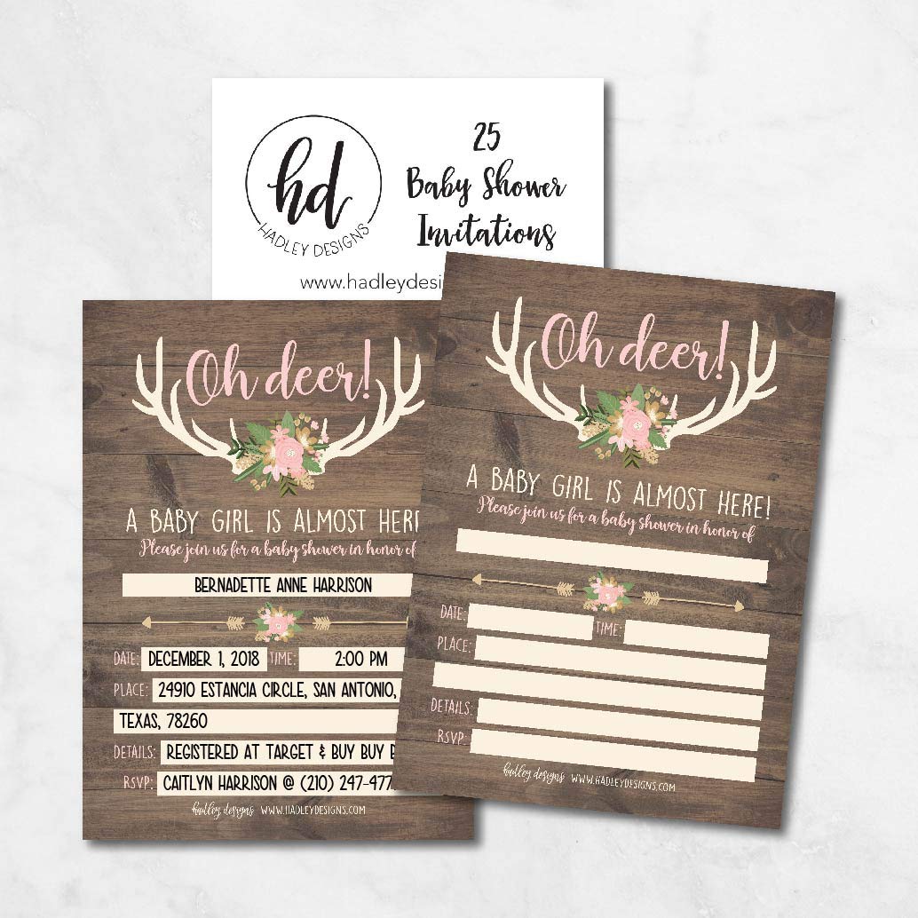 25 Oh Deer Baby Shower Invitations, Pink Rustic Sprinkle Invite for Girl, Buck Modern Gender Theme Almost Here, Woodland Hunting Cute Printed Fill or Write in Blank Printable Card Party Paper Supplie