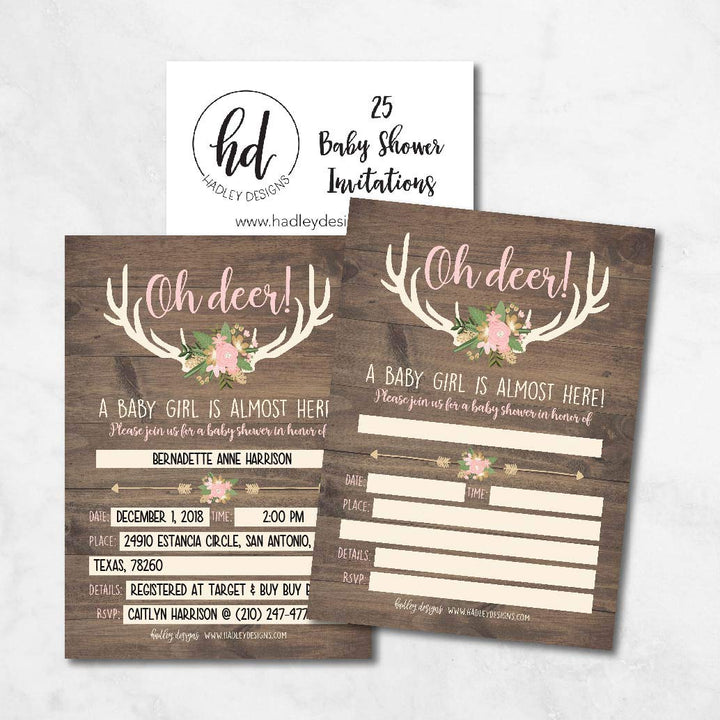 25 Oh Deer Baby Shower Invitations, Pink Rustic Sprinkle Invite for Girl, Buck Modern Gender Theme Almost Here, Woodland Hunting Cute Printed Fill or Write in Blank Printable Card Party Paper Supplie