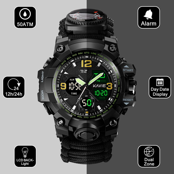 23-in-1 Survival Military Digital Watch, Mens Tactical Multi-Functional and Adjustable Wristband Outdoors Waterproof Black Sports Watches with Compass Paracord Band