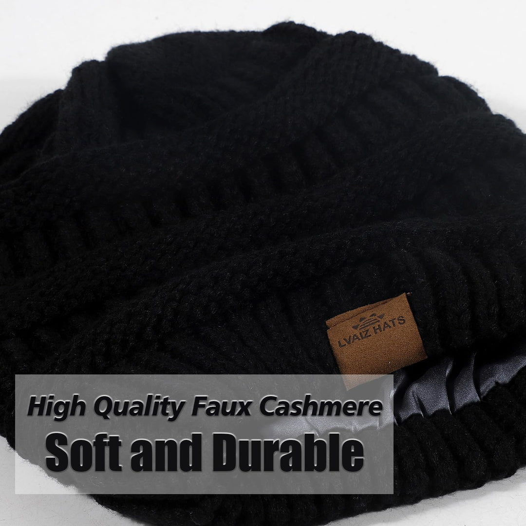 Womens Satin Lined Winter Hats Cable Knit Beanie for Men Silk Lining Thick Chunky Cap Soft Slouchy Warm Hat Black