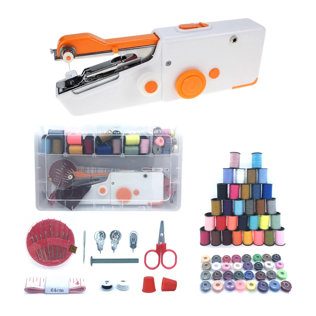 Handheld Sewing Machine, Small Portable Sewing kit, Mini Electric Sewing Machine, for Beginner /DIY Clothes Fabrics/Home Travel, with Sewing Threads, Needles, Threader, Scissor, Safety Pins, Thimbles, Orange