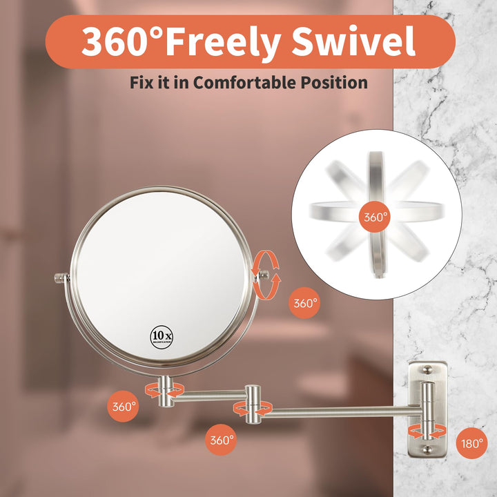 8 Wall Mounted Makeup Mirror 1X/ 10x Magnifying Mirror Double Sided Vanity Makeup Mirror for Bathroom Nickel Brush Finish