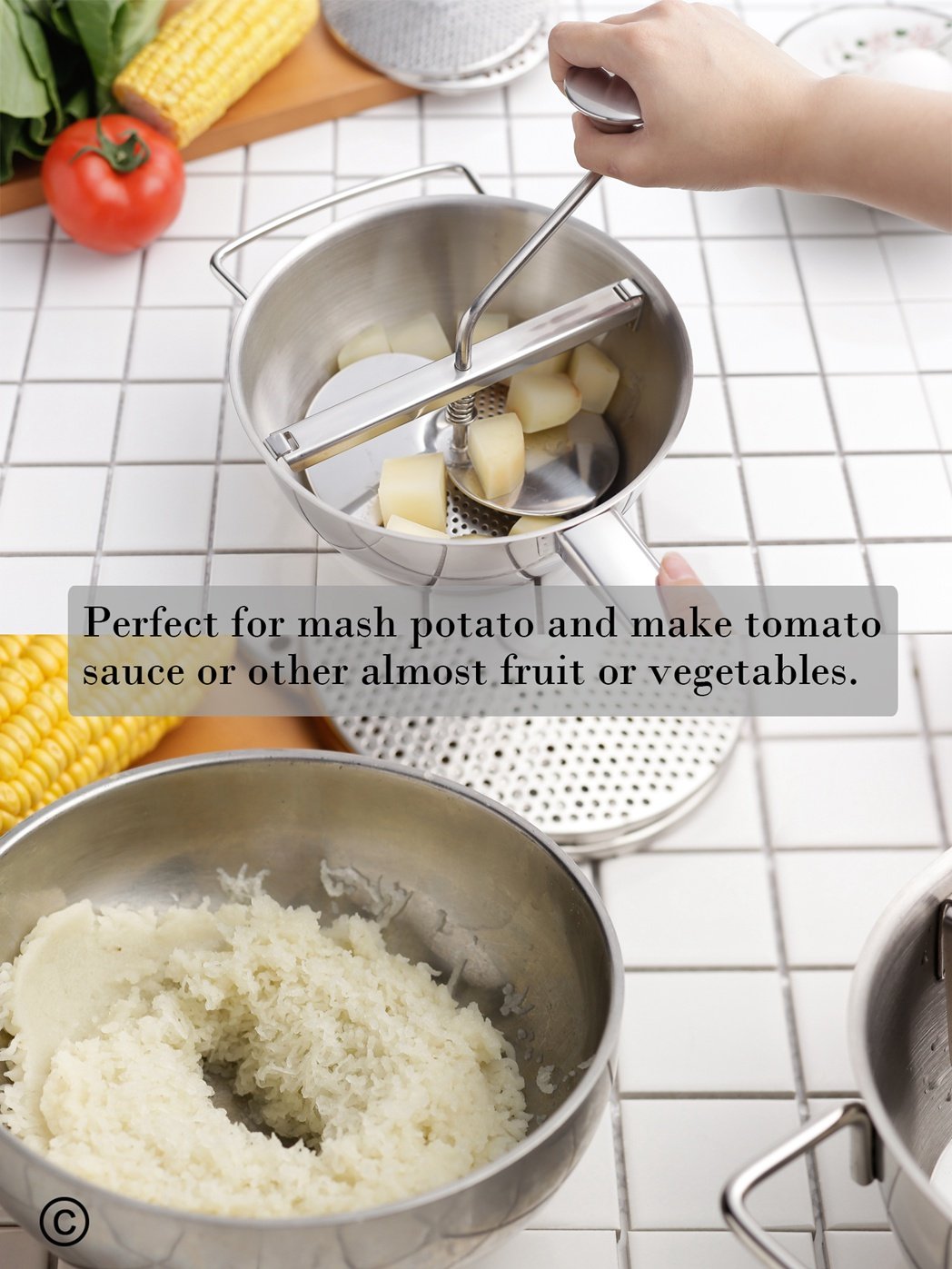 Food Mill 18/10 Stainless Steel Fruit Vegetables Grinder Large 2 Quart Capacity 4 Milling Discs Dishwasher Safe