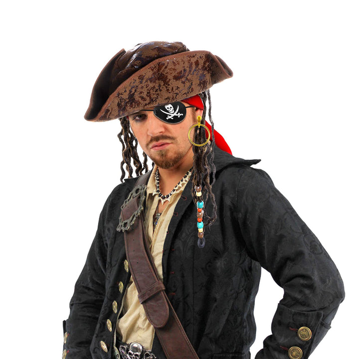 Pirate Hat with Dreadlocks Braids and Costume Accessories Set, Halloween Masquerade Accessory Set of 5