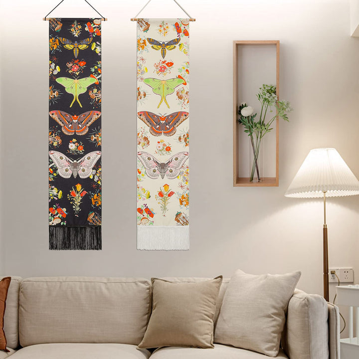 Butterfly and Plant Long Vertical Tapestry - 2 Pcs Small Wall Hanging Flower Tapestry for Bedroom Living Room Aesthetic Decor(Black and Beige,13.8 x 55.1)