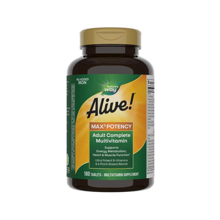 Nature&#39;s Way Alive! Max3 Potency Adult Complete Multivitamin, High Potency B-Vitamins to Support Energy Metabolism*, with Methylated B12 and Folate, No Added Iron, 180 Tablets (Packaging May Vary)