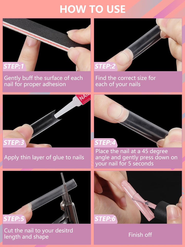 400PCS Extra Long C Curve Nail Tips and Glue, 2 Packs Natural and Clear Acrylic Nail Tips Manicure, 10 Sizes Artificial XXL Long Straight Square French Press on False Nail Tips with 10PCS Nail Glue