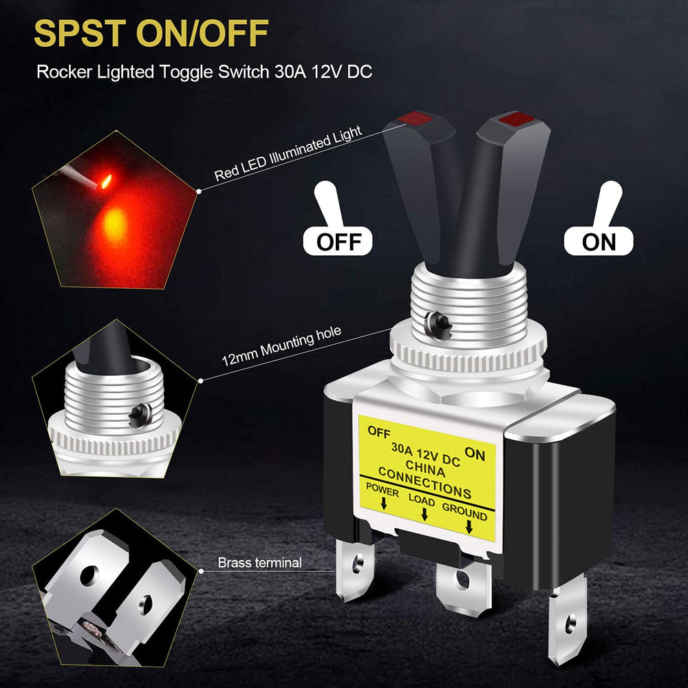 /3Pcs Rocker Lighted Toggle Switch 30A 12V DC SPST ON/Off 3Pin Car Automotive Boat with Red LED Illuminated Light
