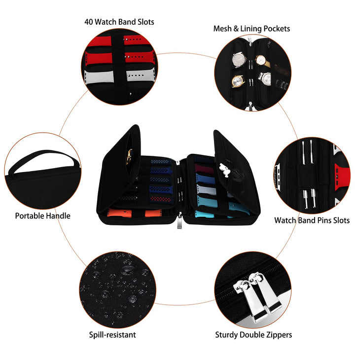 40 Watch Bands Storage Bag, Nylon Spill-resistant Watch Band Organizer Bag Carrying Case Travel Watch Straps Carrying Bag Pouch Compatible with Apple Watch Bands, Watch Band Pin, Cable-Black