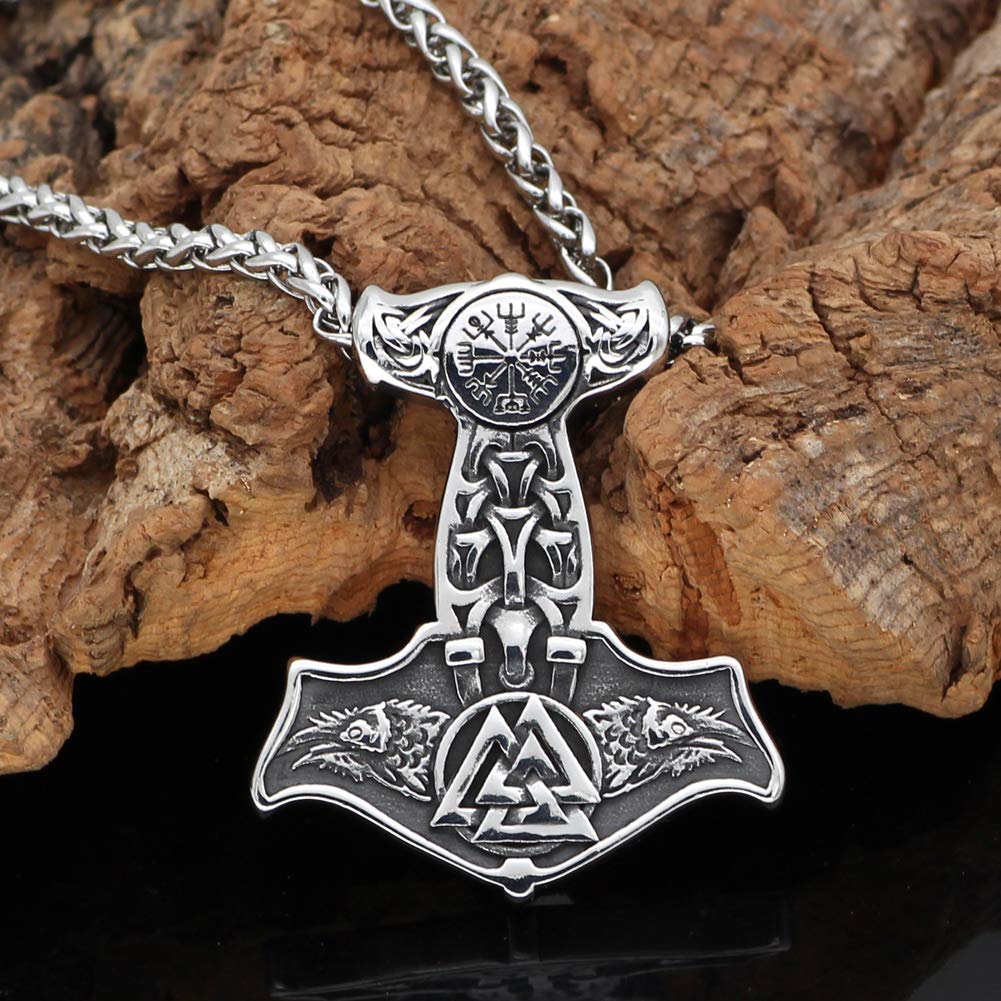Nordic Viking Stainless Steel Thor Mjolnir Odin Raven Valknut Vegvisir Pendant Necklace with Valknut Gift Bag