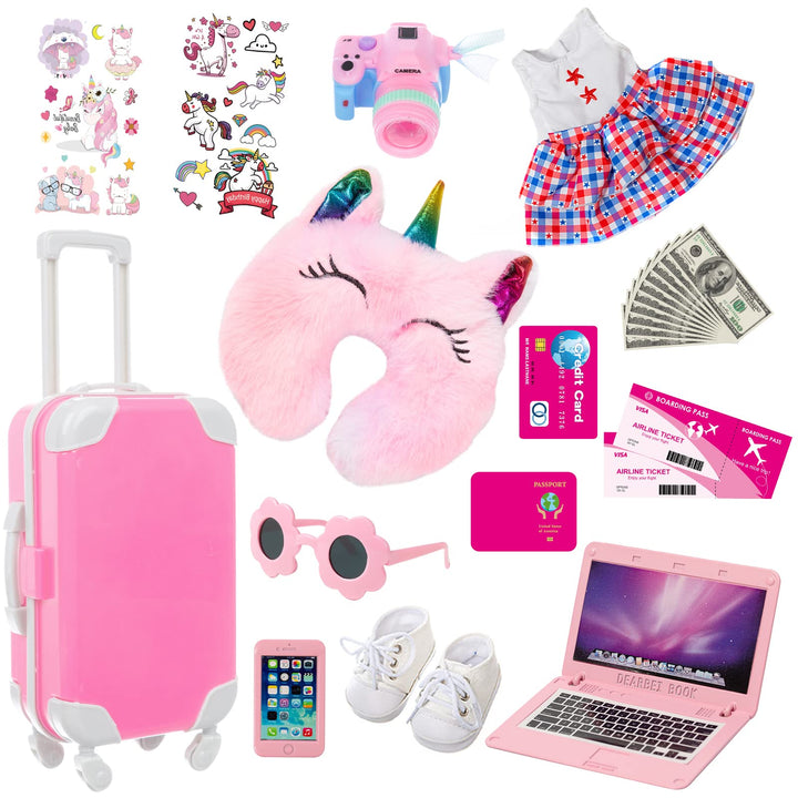 American 18 inch Doll Clothes and Accessories - Doll Travel Suitcase Play Set Including Suitcase Doll Clothes, Shoes, Sunglasses, Camera, Unicorn Pillow, for 18 inch Doll(No Doll)