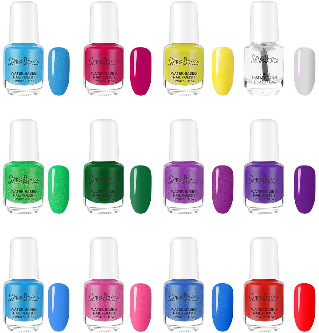 Non Toxic Kids Nail Polish Set for Toddler Water Based Peel-Off odorless Quick Dry Natural, Gifts for Girls (11 Colors + 1 Coat)