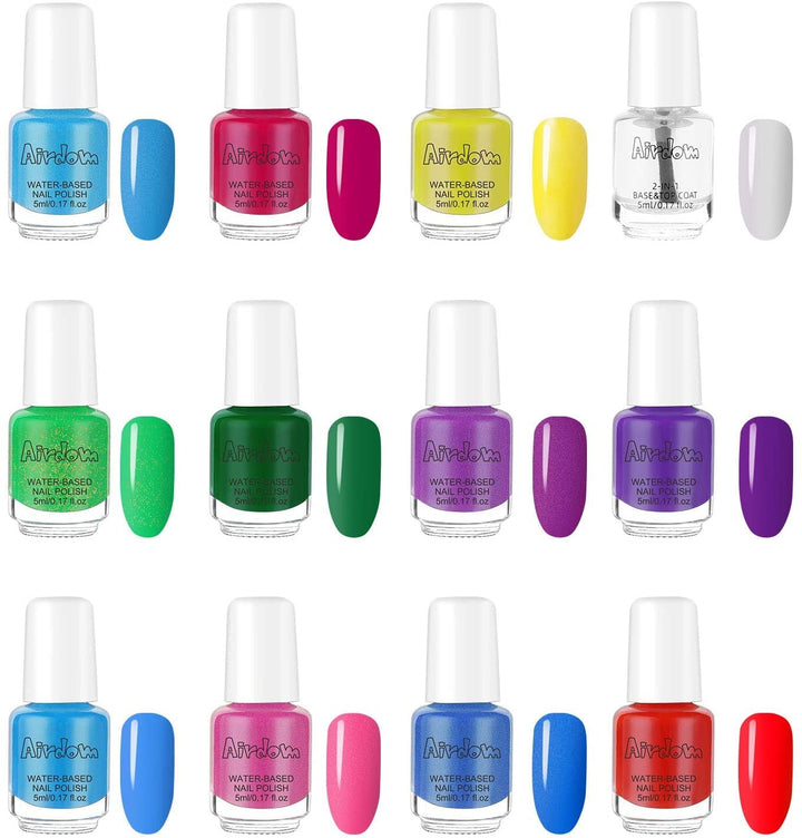 Non Toxic Kids Nail Polish Set for Toddler Water Based Peel-Off odorless Quick Dry Natural, Gifts for Girls (11 Colors + 1 Coat)