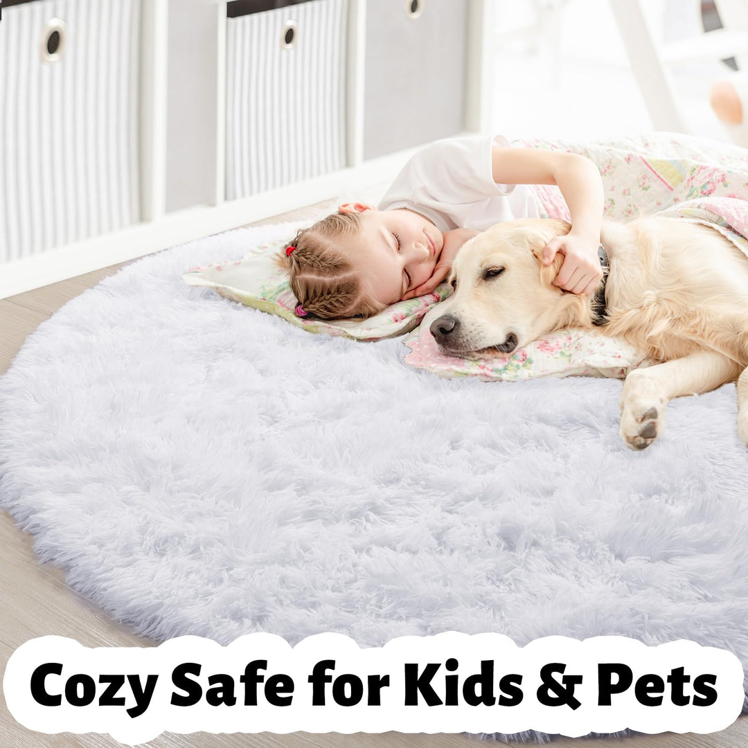White Round Rug for Bedroom,Fluffy Circle Rug 4&#39;X4&#39; for Kids Room,Furry Carpet for Teen&#39;s Room,Circular Rug for Nursery Room,Fuzzy Plush Rug for Dorm,White Carpet,Cute Room Decor for Baby