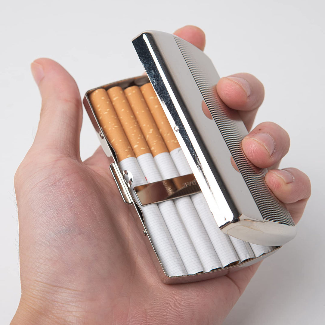 Mini Metal Cigarette Case - Women and Men, Portable Double Sided Spring Clip, Holds 12 85mm Cigarettes (Striped Silver)