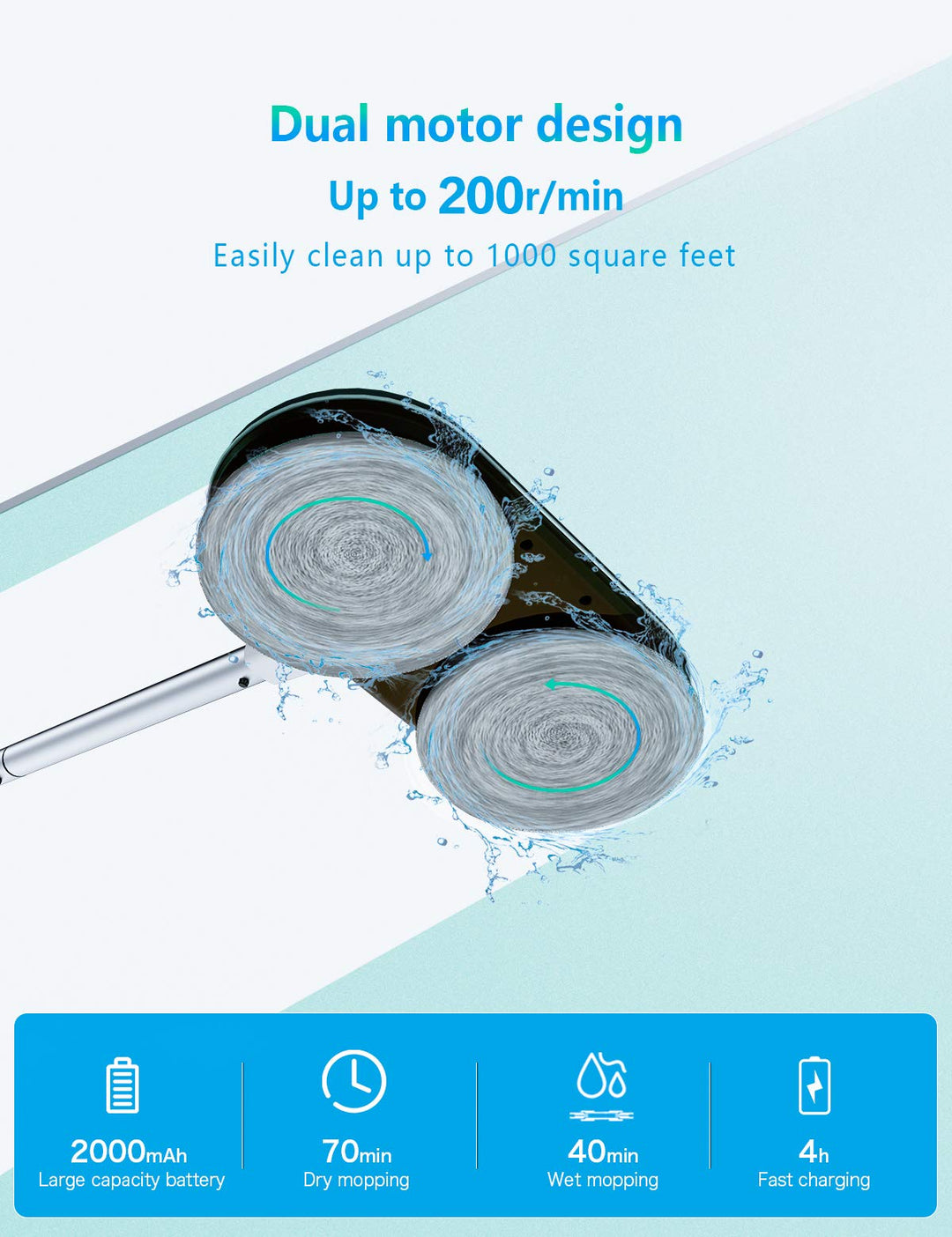GOBOT Electric Mop with Motorized Dual Spinning Mopheads, Lightweight & Rechargeable,4 Microfiber Pads & 2 Floor Scrubber Pads, for Hardwood Floor/Bathroom/Tile Floor Cleaning, Sliver