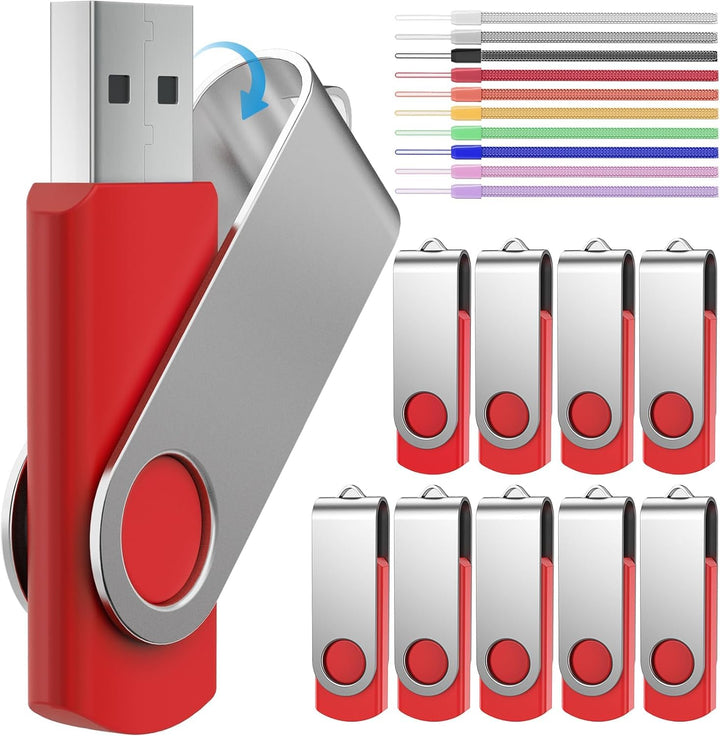 Thumb Drive 2GB Bulk 10 Pack Flash Drives - Multipack 2 GB Pen Drive Fold Data Storage USB 2.0 Memory Stick Zip Drive - Swivel Red PenDrive Jump Drives Data Storage with 10pcs Lanyards