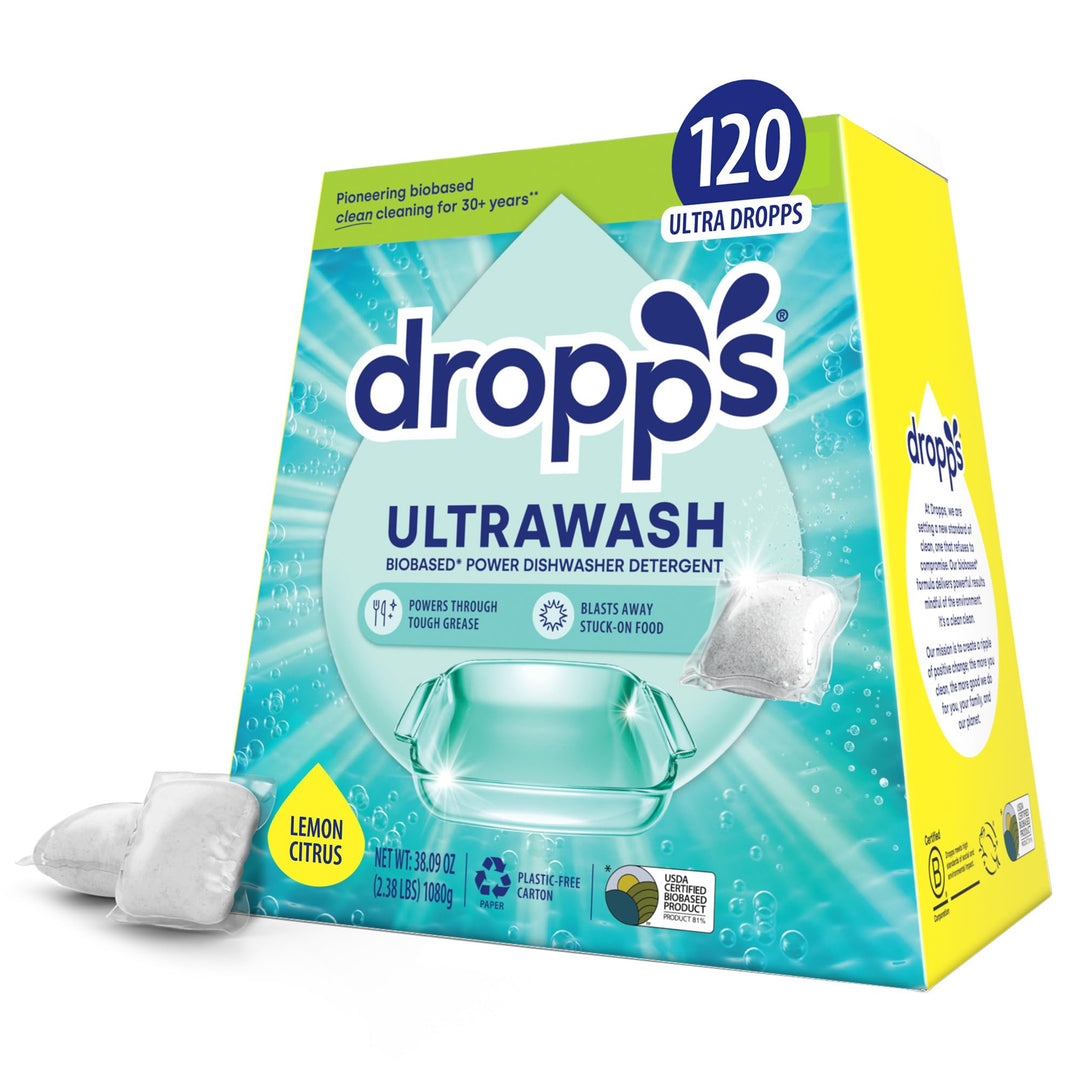 Dropps UltraWash Dishwasher Pods, Lemon Citrus (120 Pods) - Biobased Power Deep Clean Dishwasher Detergent Tablets for Sparkling Shiny Dishes - No Rinse Aid or Pre-Wash Needed - Dishwashing Pods