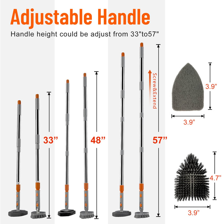 Multi Purpose Scrub Brush with Long Handle, 59“ Tub and Tile Scrubber Brush, 2 in 1 Shower Cleaning Brush &amp; Sponge, Stiff Bristles Cleaner Tool for Cleaning Bathroom Shower Bathtub Wall