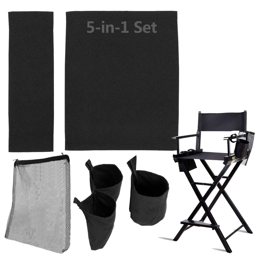 5 in 1 Accessories Set for Makeup Artist Chair, (not including Chair) Black Chair Replacement Cover Canvas, 2 Portable Side Storage Bags and Hanging Mesh Bag, Black
