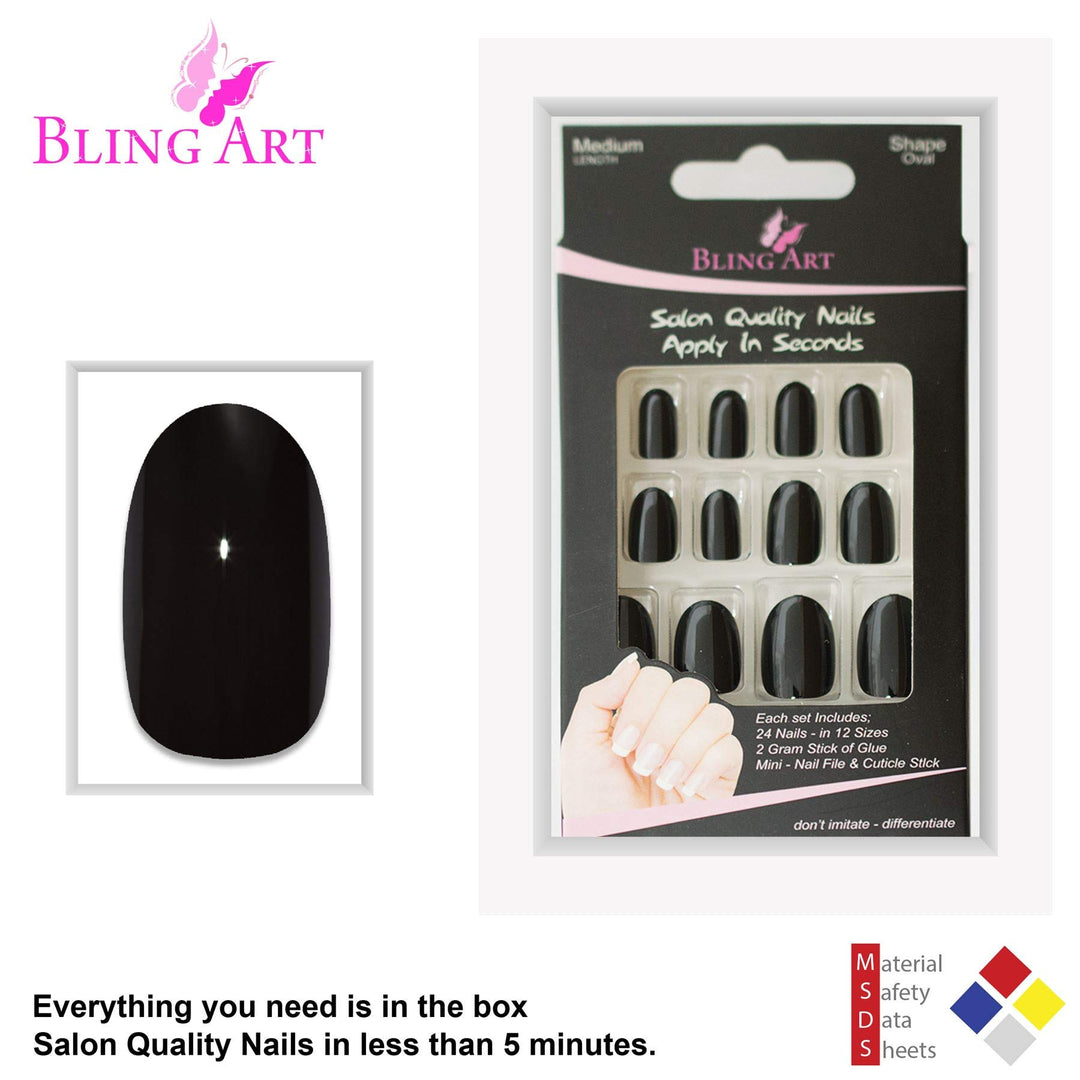 Oval False Nails Fake Acrylic Polished Black 24 Medium Tips with Glue