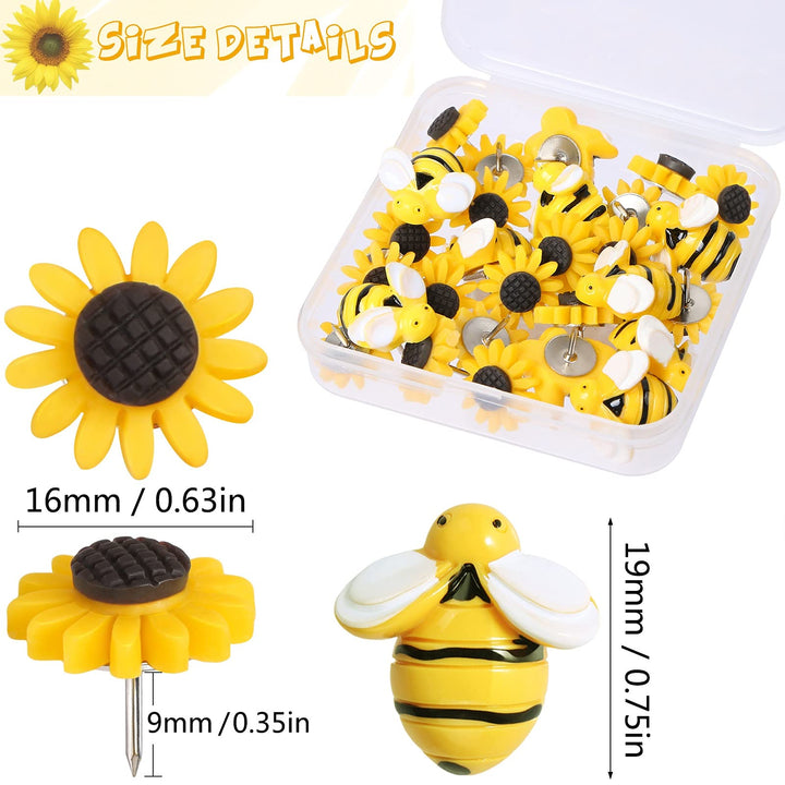 Sunflower Bee Push Pins, Thumb Tacks Decorative Push Pins Cork Board Pins for Bulletin Board Photos Wall Office Decorations Supplies