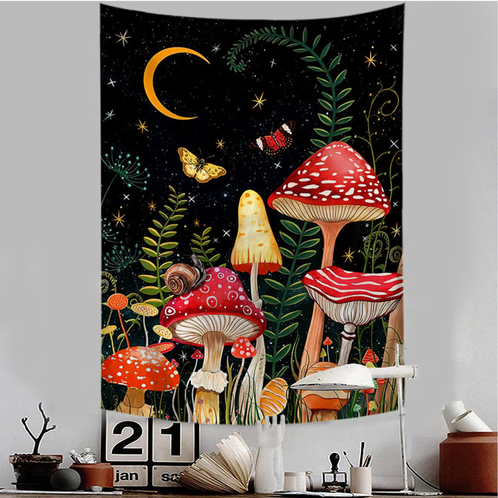 INUDIO CLZFXS Mushroom Tapestry Moon and Star Tapestry Black Boho Vertical Tapestries Colorful Butterfly Aesthetic Tapestry Wall Hanging for Bedroom (43x59(110x150cm))