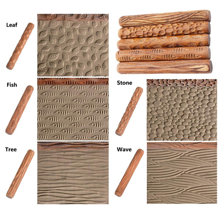 5Pcs Wooden Clay Texture Rolling Emboss Plaid Hand Rollers Polymer Clay Ceramic Pattern Pottery Tools