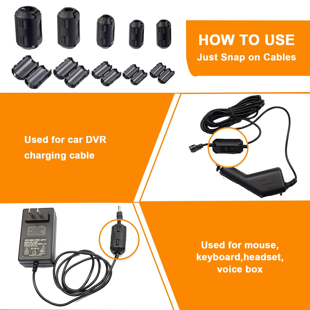 5 Values 28 Pcs Black Clip-on Ferrite Ring Core RFI EMI Noise Suppressor Cable Clip for 3.5mm 5mm 7mm 9mm 13mm Diameter Cable