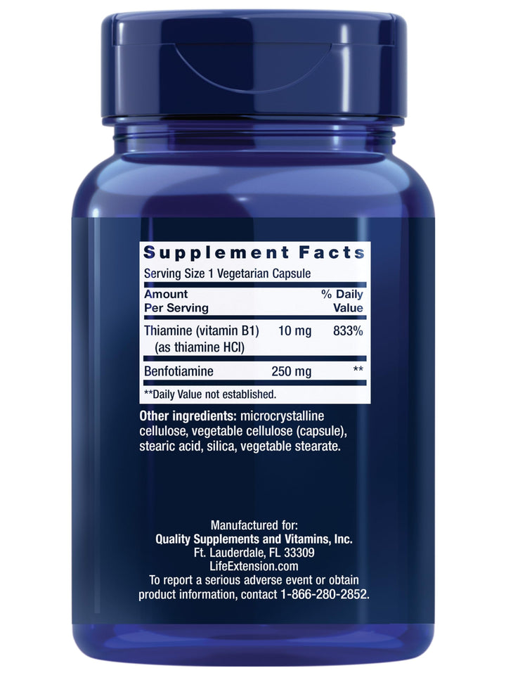 Mega Benfotiamine, 250 mg, a Fat-Soluble Form of thiamine, Healthy Metabolism, Ultra-bioavailable Vitamin B1, high Potency, Gluten-Free, Non-GMO, Vegetarian, 120 Capsules