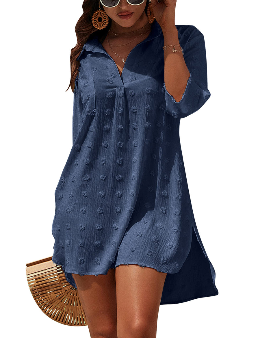 Womens Bathing Suit Coverups White Swiss Dot Beach Swim Cover Up Shirt Dress(S, Navy Blue)