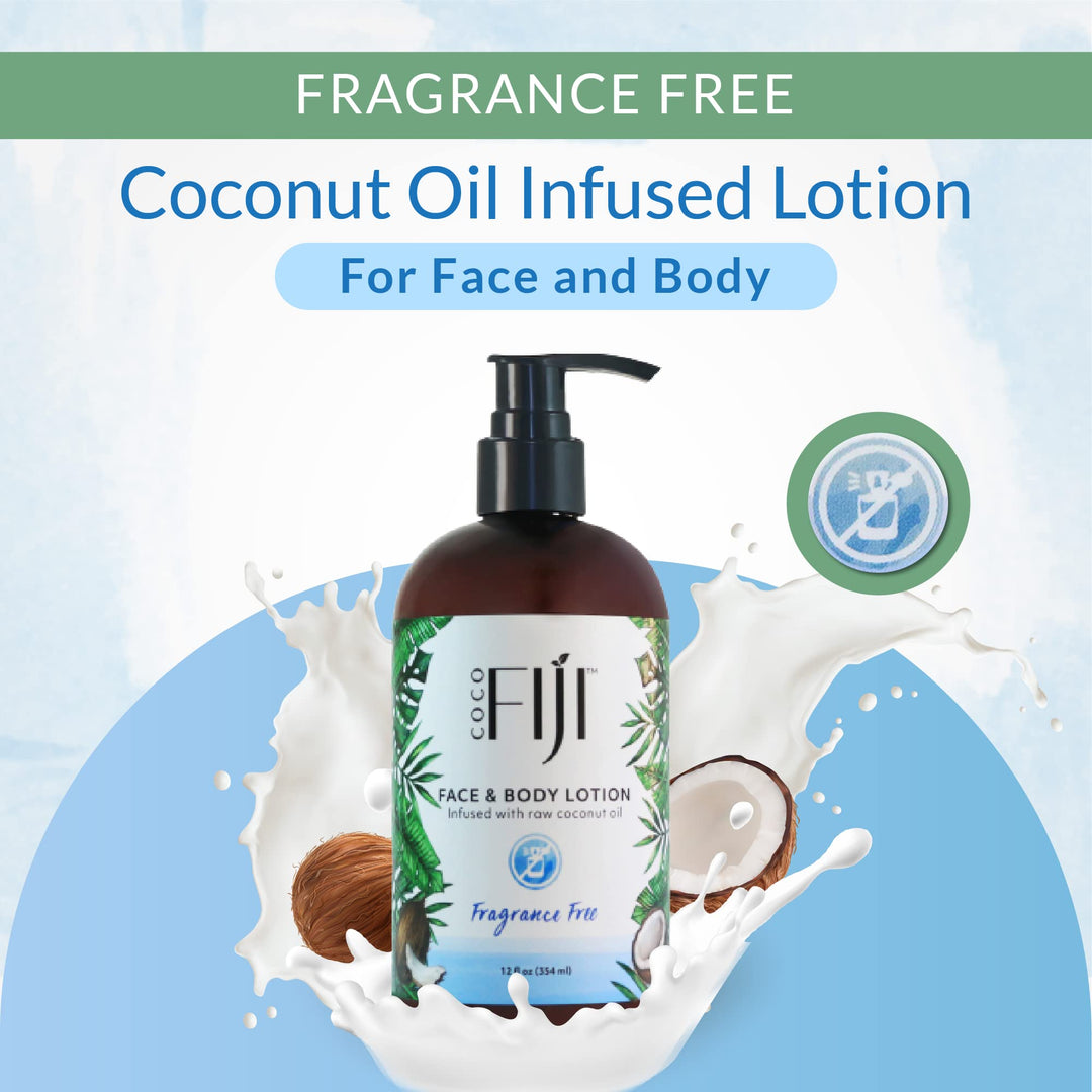 Coco Fiji Face &amp; Body Lotion Infused With Coconut Oil | Lotion for Dry Skin | Moisturizer Face Cream &amp; Massage Lotion for Women &amp; Men | Fragrance Free 12 oz, Pack of 1