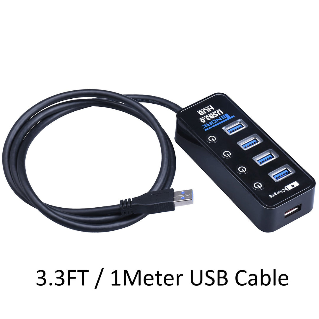 USB 3.0 Hub - USB Hub with 4 USB 3.0 Data Ports + 1 USB Smart Charging Port and Power Supply Adapter with Individual On/Off Port Switches for MacBook, Mac Pro, HDD
