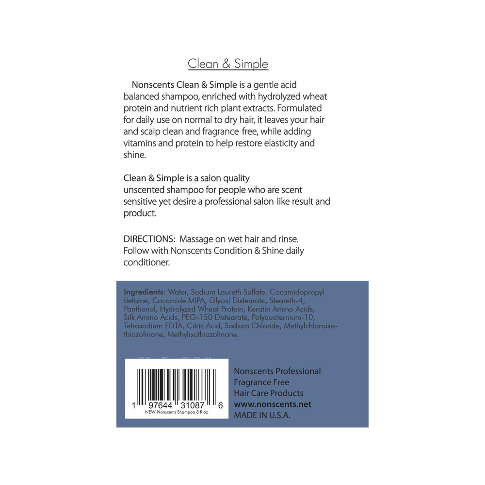 Nonscents Clean and Simple Shampoo- Truly Fragrance-Free & Unscented. Great Lather Salon Quality, Hairstylist Approved Do You Have Allergies Try Nonscents and Breathe Easy