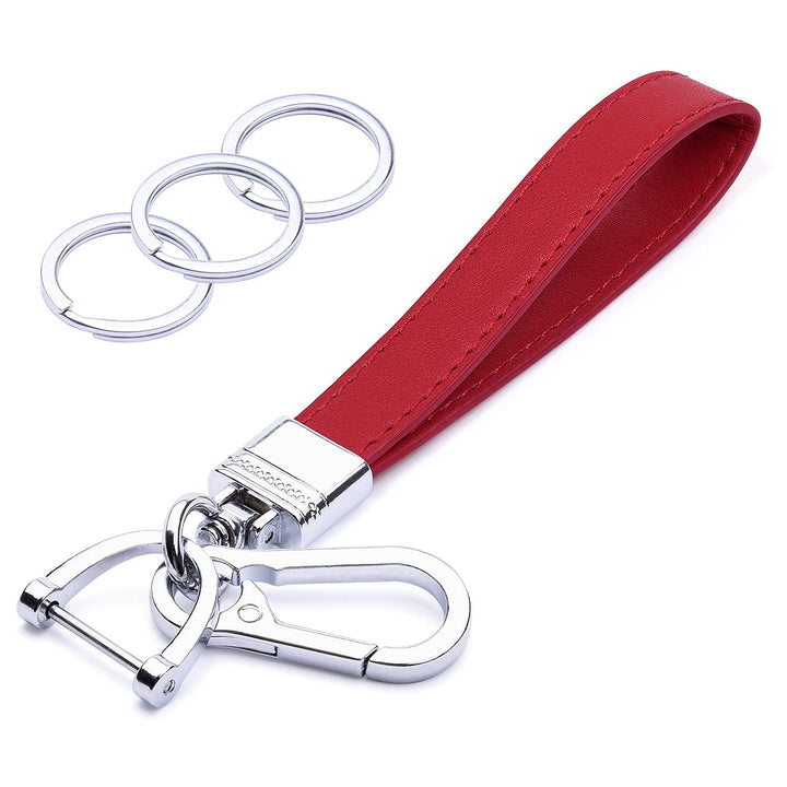 Genuine Leather Car Keychain, Universal Heavy Duty Leather Key FOB Keychain Key Chains Women for Car Keys, 360 Degree Rotation, with Anti-lost D-ring and 3 Keyrings - Red