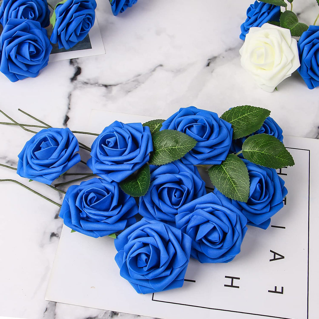 Blue Fake Rose Flowers in Bulk,30 Pcs Artificial Foam Flowers with Stem for Wedding Centerpieces,DIY Bouquets,Craft and Home Floral Arrangement Decorations