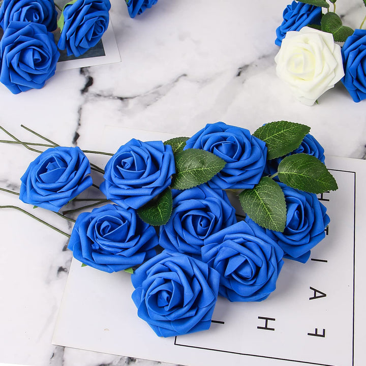 Blue Fake Rose Flowers in Bulk,30 Pcs Artificial Foam Flowers with Stem for Wedding Centerpieces,DIY Bouquets,Craft and Home Floral Arrangement Decorations