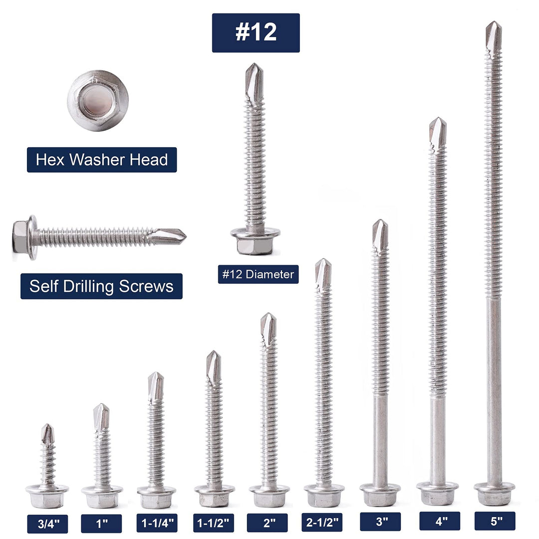#12 x 3/4 Sheet Metal Screws 100PCS 410 Stainless Steel Hex Washer Head Fast Self Tapping Screws by SG TZH