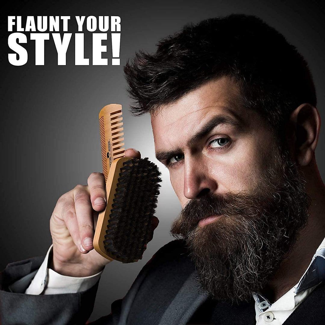 Beard Brush For Men &amp; Beard Comb Set w/Mustache Scissors Grooming Kit, Natural Boar Bristle Brush, Dual Action Wood Comb, And Travel Bag Great For Christmas Gift
