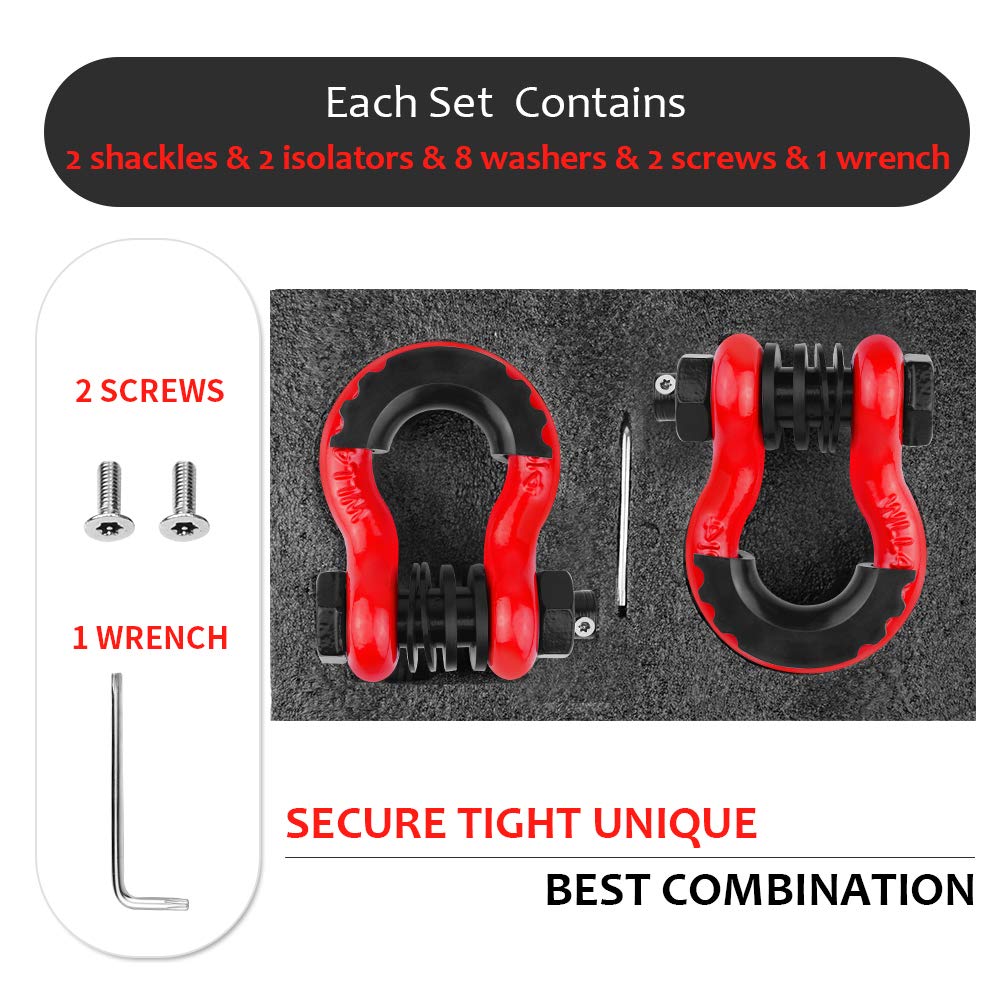 Shackles 3/4 D Ring Shackle (2 Pack) 45,000lb Break Strength with 7/8 Pin, Anti Theft Security Screws, Isolator &amp; Washer Kits for Use with Tow Strap Winch Truck Vehicle Recovery, Red