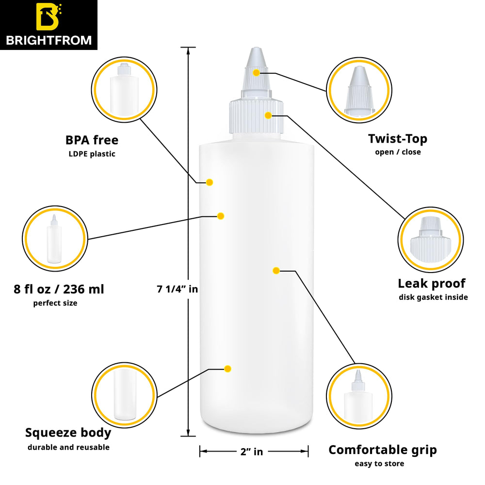 Twist Top Applicator Bottles, Squeeze 8 OZ Empty Plastic Bottles, Refillable, Open/Close Nozzle - Hair Coloring/Multi Purpose (Pack of 2)