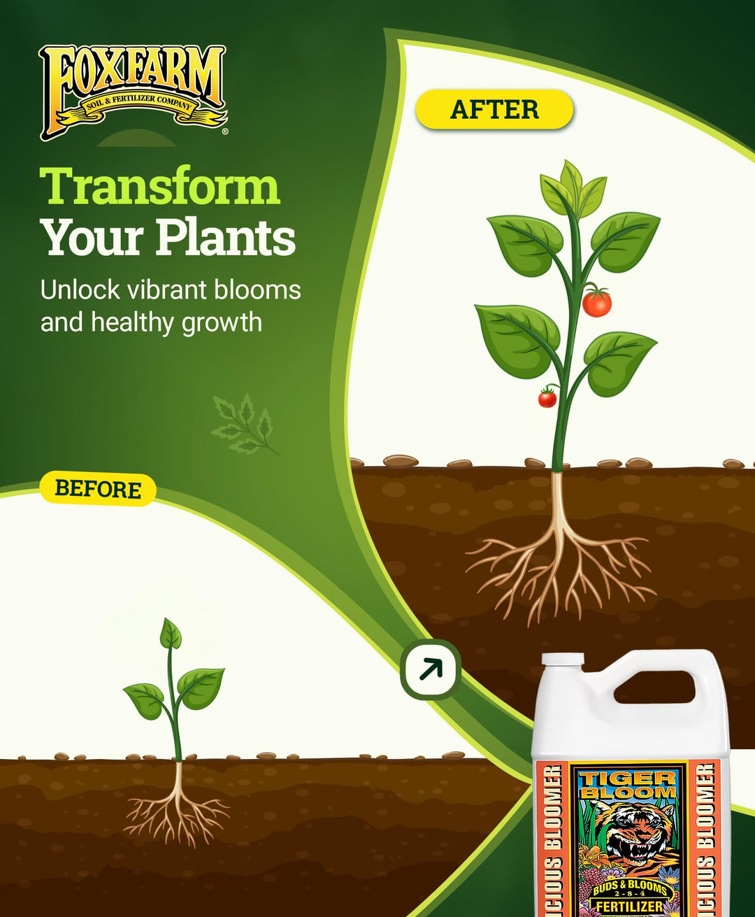 Tiger Bloom Liquid Fertilizer Concentrate - Fast Acting Formula for Vicious Growth with Phosphorus - Encourages Fruit, Flower &amp; Bud Development, NPK 2-8-4 (Gallon)