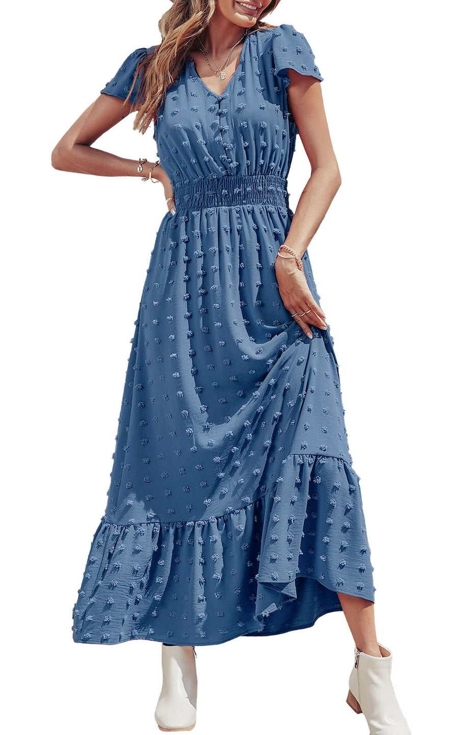 PRETTYGARDEN Womens Boho Dress Short Sleeve V Neck Ruff