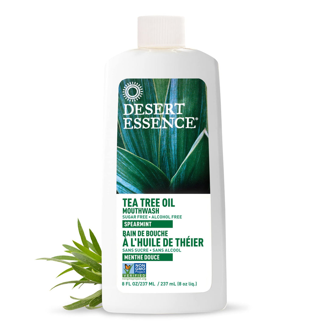 Tea Tree Oil Mouthwash with Essential Spearmint Oil &amp; Aloe - Deep Cleansing, Invigorating Fresh Breath - Fights Cavities &amp; Buildup - Vegan, Non-GMO, SLS-Free, Gluten-Free - 8oz