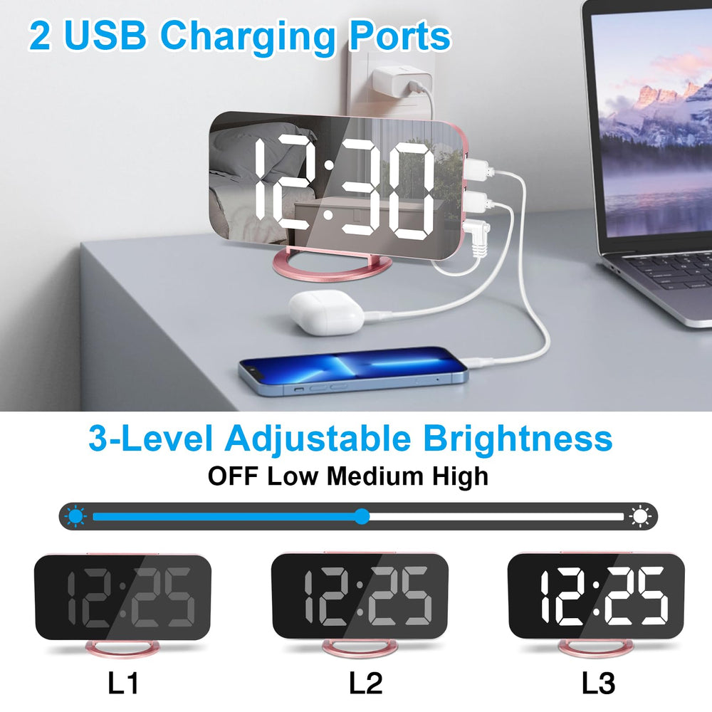 Slim Digital Alarm Clock, Daul USB Charger Ports, Dimming Mode, Large Display Mirror Surface for Makeup, LED Desk Clock for Bedroom, Living Room, Office, Home, Kids - Rose Gold/White