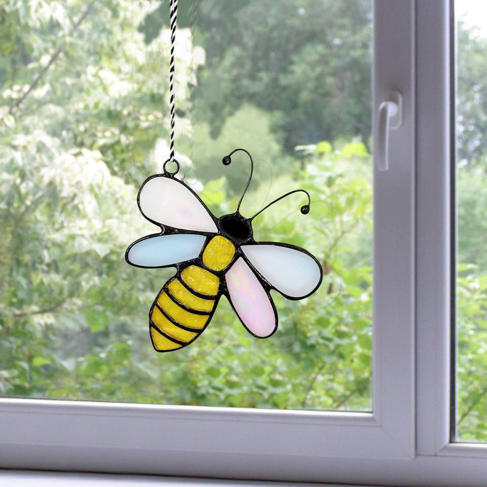 Bee Suncatcher Window Hanging Ornament w/Suction Cup, Spring Farmhouse Bumble Bee Double Side Stained Glass Panel Garden Yard Tree Hanging Decor, Bee Lover Day Teachers Day Gifts