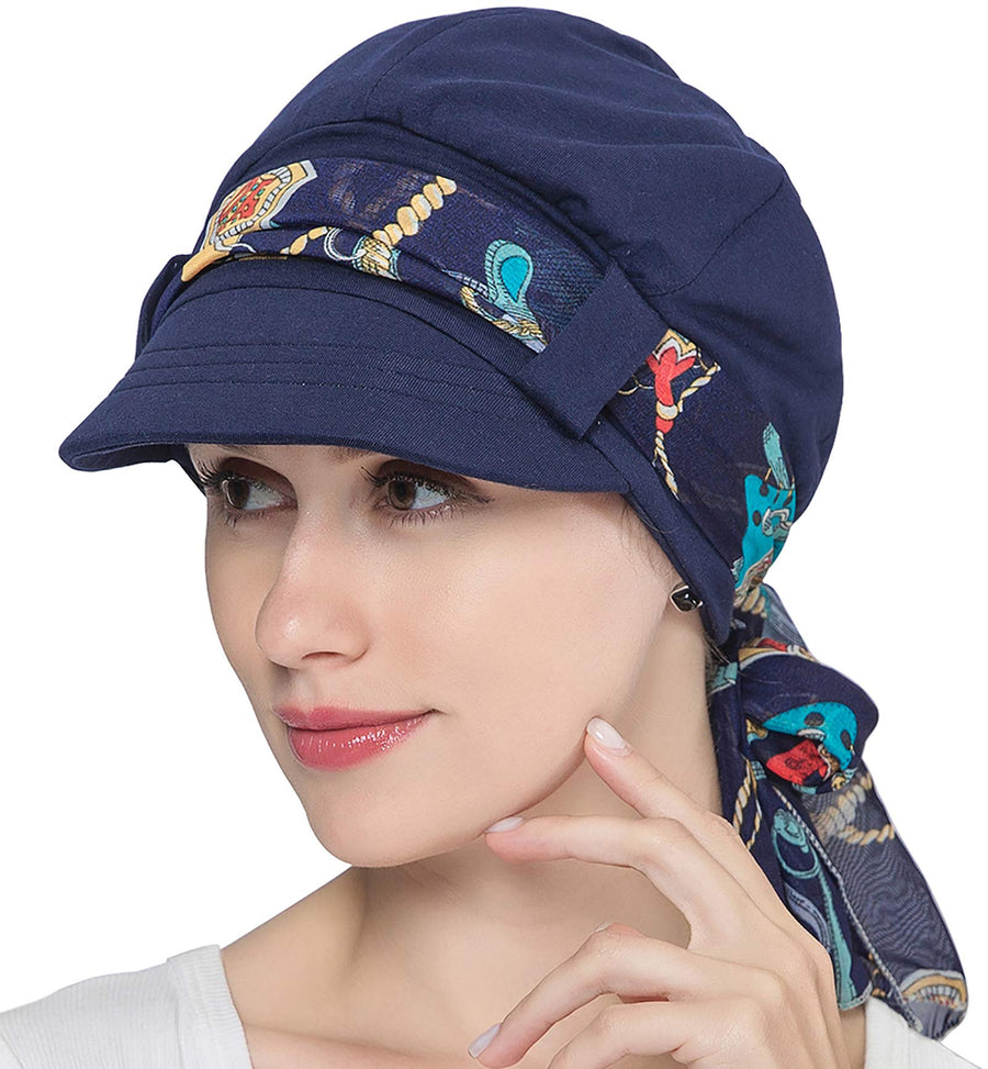 Chemo Hats for Women Bamboo Cotton Lined Newsboy Caps with Scarf Double Loop Headwear for Cancer Hair Loss Navy Blue