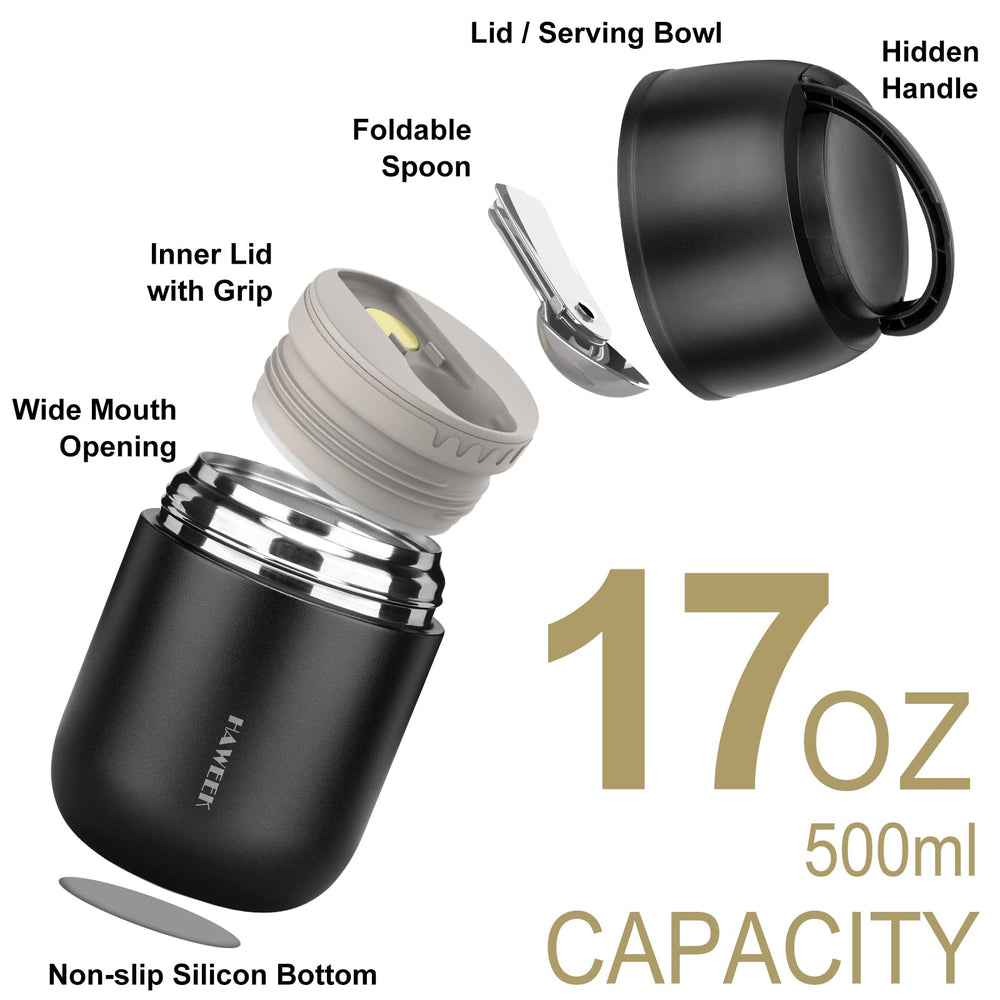 Insulated Food Container 17 oz Soup Thermo for Hot Food Kids Adults, Stainless Steel Vacuum Lunch Box with Folding Spoon, Adult Kids Thermo Portable with Handle for School, Office, Outdoor