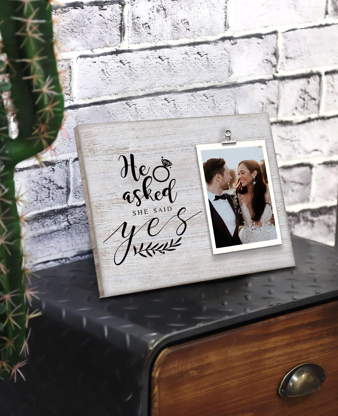 Wedding Engagement Wood Clip Picture Frame - He Asked and She Said Yes, Lovers Engraved Picture Frame Wedding Engagement Remembrance Gifts for Women Bride to Be, Frame Holds 4 X 6 Inches Photo